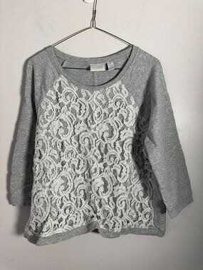 Like New Womens Chico's Gray & White Lace Blouse Shirt Top 2 Long Sleeve